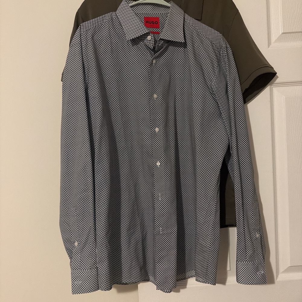 HUGO Men's Navy and White Micro-Pattern Dress Shirt